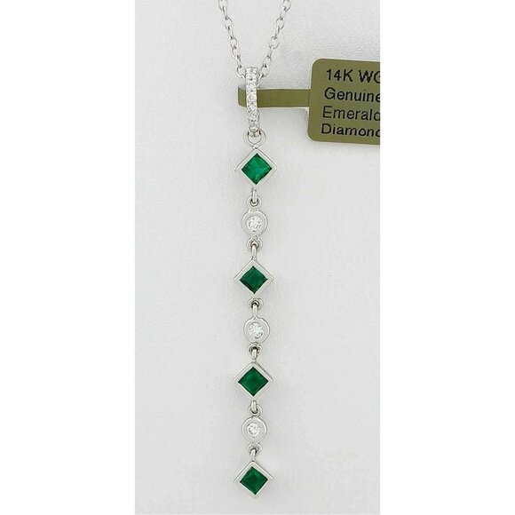 Genuine Colombian Emerald & Diamonds Pendant Necklace 14k White Gold